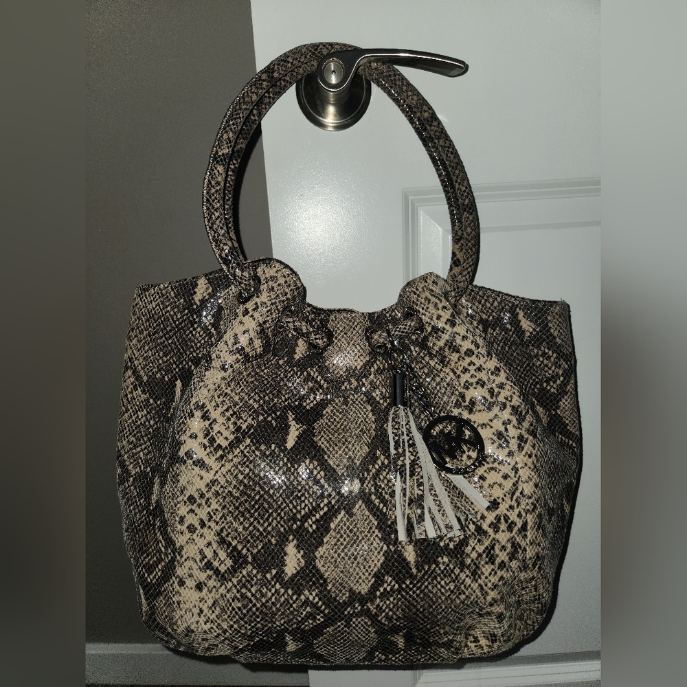 Michael Kors Python Snake Embossed Leather Large Ring Hobo Tote Bag